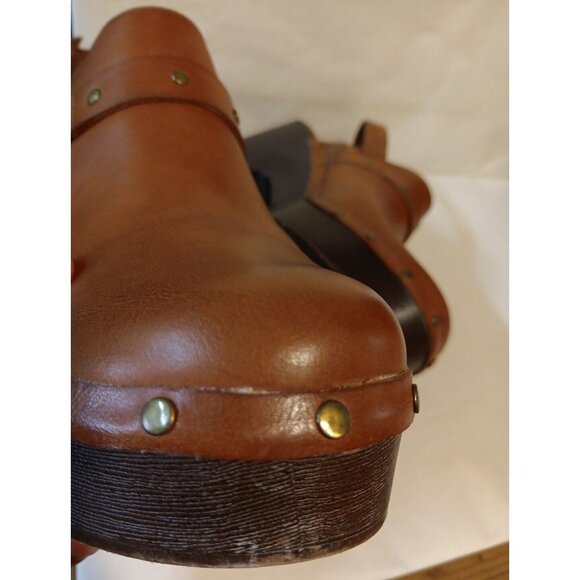 Frye and Co Fabry Womens US 10 Brown Vegan Leather Harness Mules Clogs 4" Heel - Picture 10 of 11